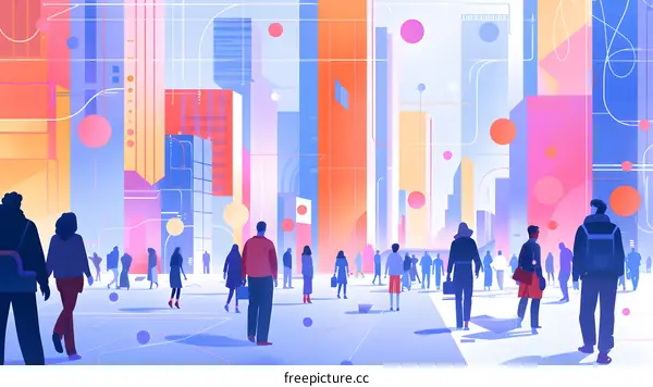 Futuristic Cityscape With People Walking Through Abstract Buildings And Connections