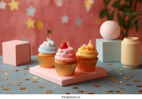 Three Colorful Cupcakes on a Pink Tray