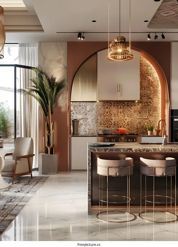 Modern Kitchen Interior Design with Golden Accents and Archway