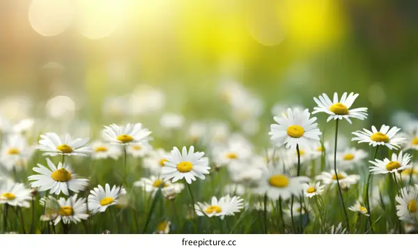 Field of daisies with white petals and yellow centers in full bloom under the sunlight
