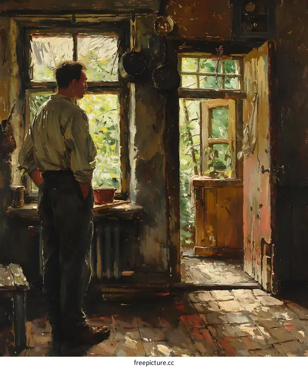 A Man Standing in a Room and Looking Out the Window