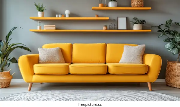 Modern Living Room with Yellow Sofa and Floating Shelves