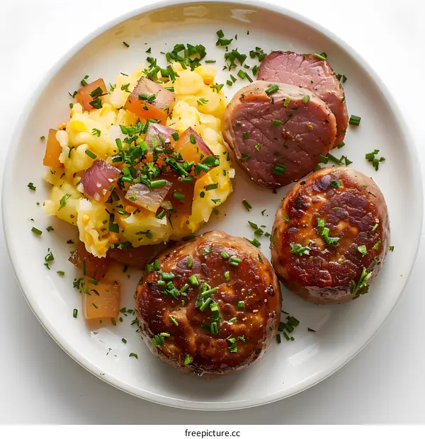 A plate of food with potatoes, pork tenderloin, and meatballs