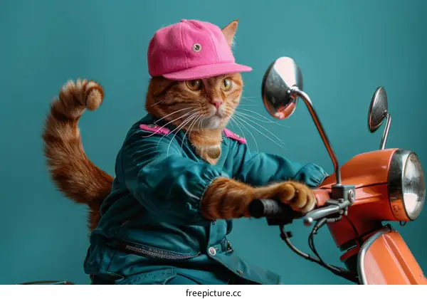 Cat in a pink hat and green jacket on a scooter