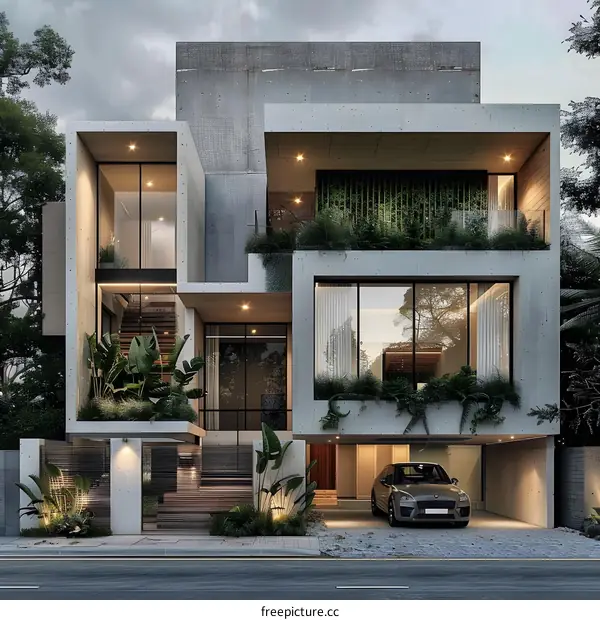 Modern Concrete House with Green Plants and a Car in the Garage