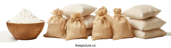 [Transparent Background PNG]Flour Bags and a Wooden Bowl
