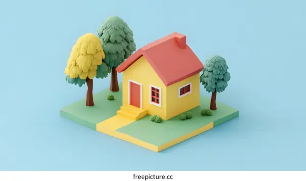 Yellow House with Red Roof in Green Grass