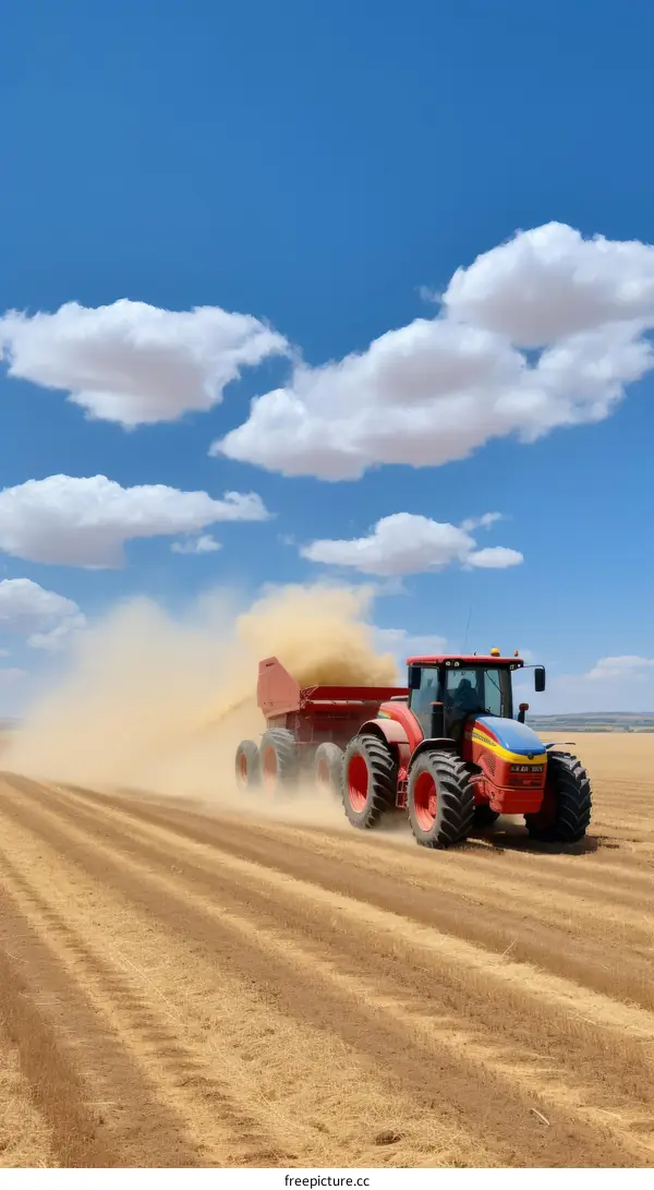 Tractor trailer combine harvester machine working in a farm field