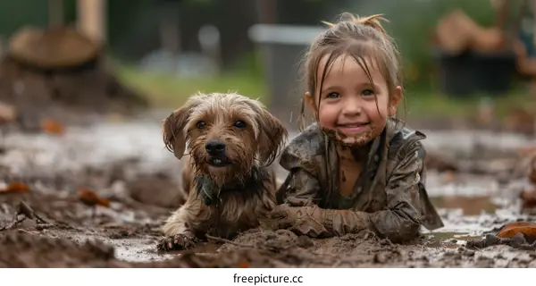 Little girl and dog covered in mud