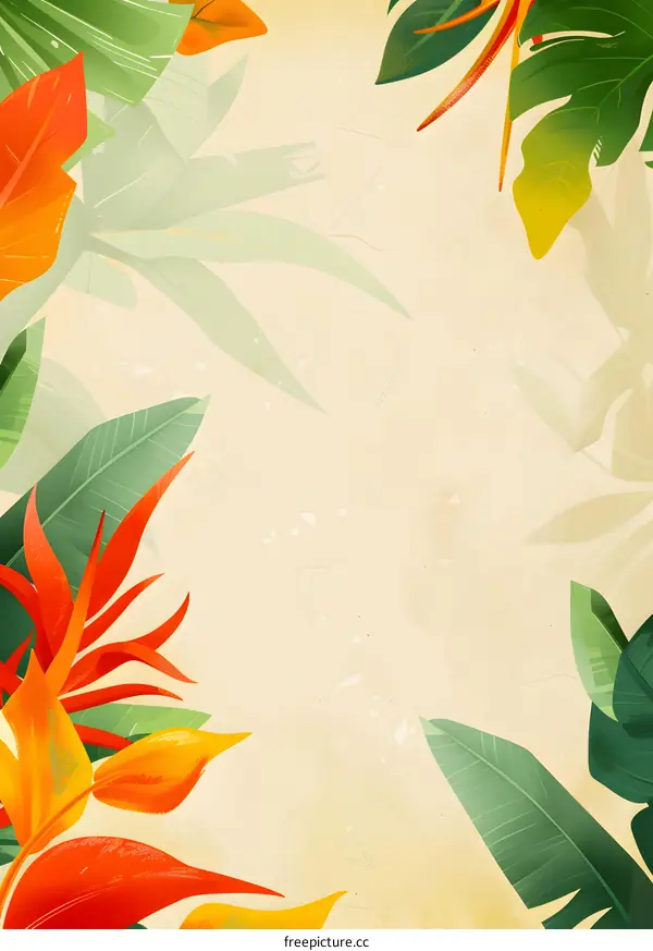 Tropical Leaves Border on Light Background