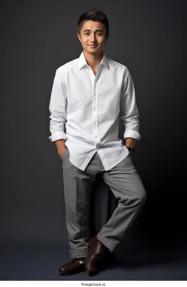 A young Asian man in a white shirt and gray pants poses against a dark background