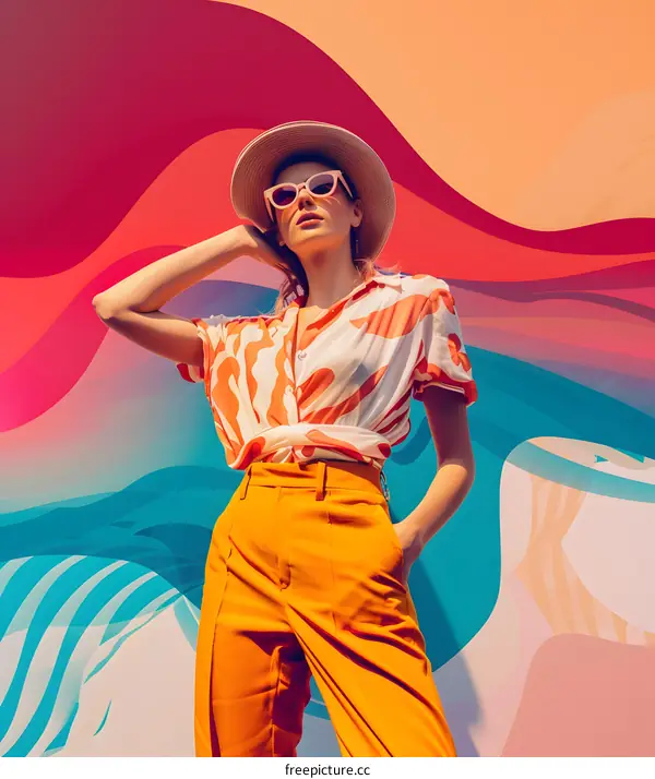 Woman in Stylish Summer Outfit With Colorful Abstract Background