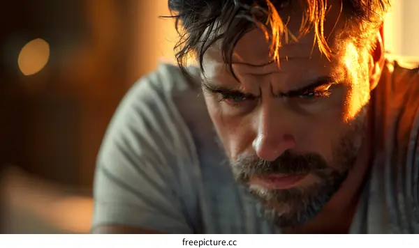 A man with a beard and a wet face is looking down with a serious expression.