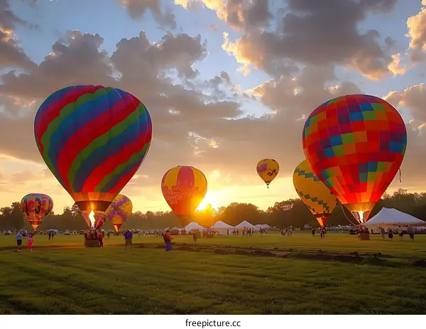Hot Air Balloons at Sunset Over Field