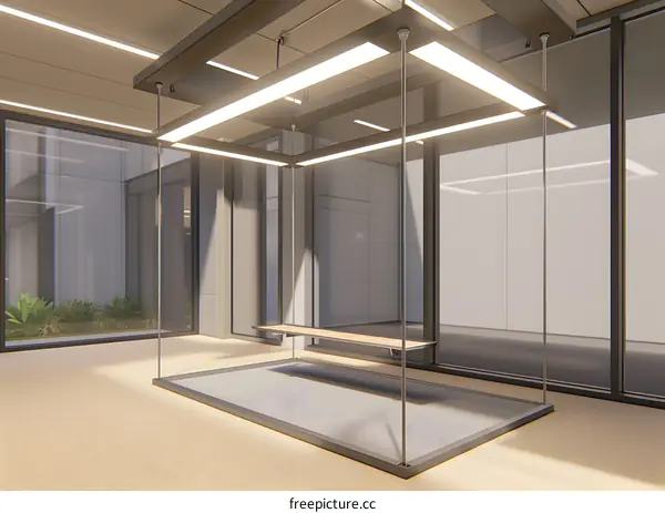 Modern Interior Design with Hanging Bench and Minimalist Lighting