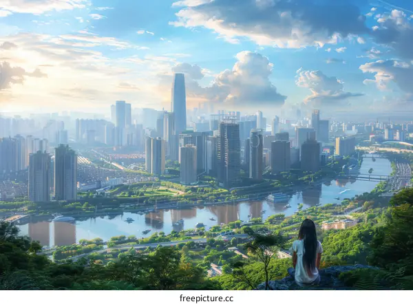 Young Woman Gazing at the City Skyline from a Rooftop