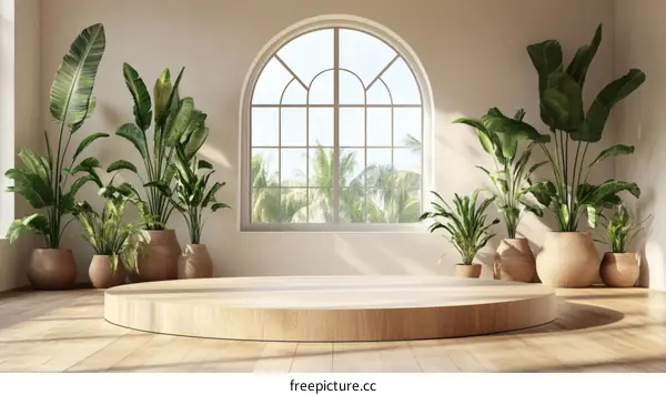 Modern Minimalist Wooden Display Podium with Tropical Plants