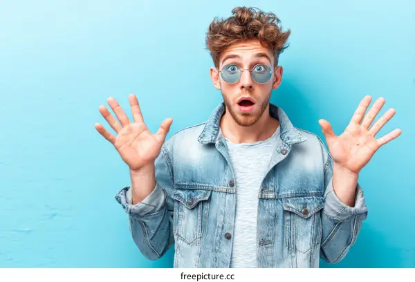 Surprised Caucasian Man Posing Against a Light Blue Background