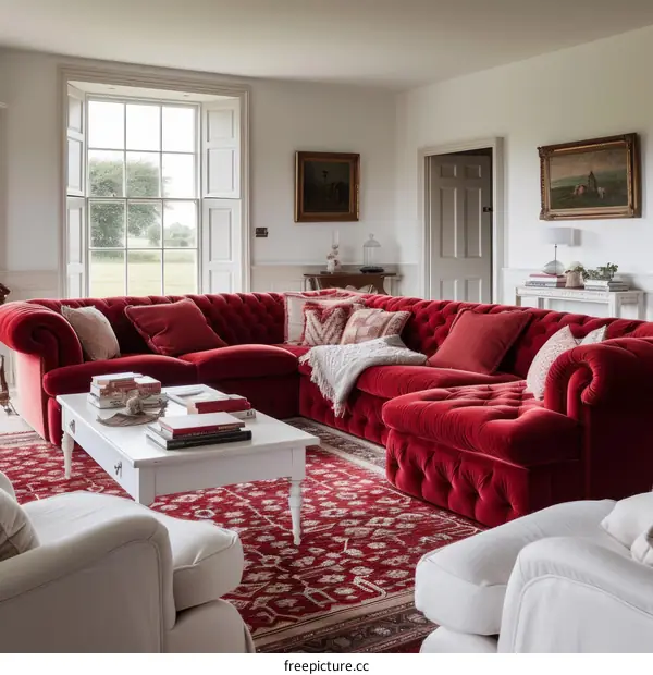 Red velvet sofa in a living room