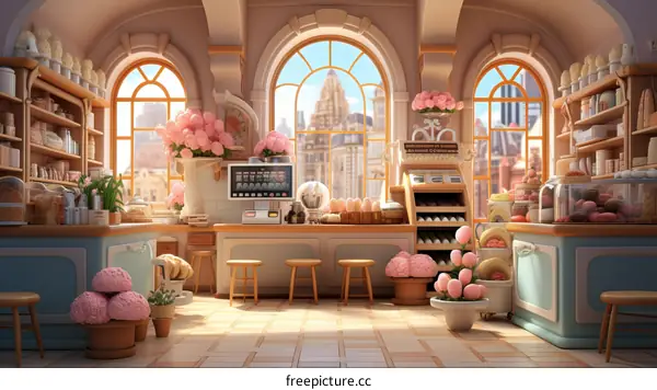 A cozy bakery with a view of the city