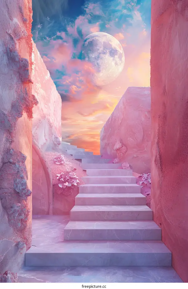 pink surreal stairs to the moon
