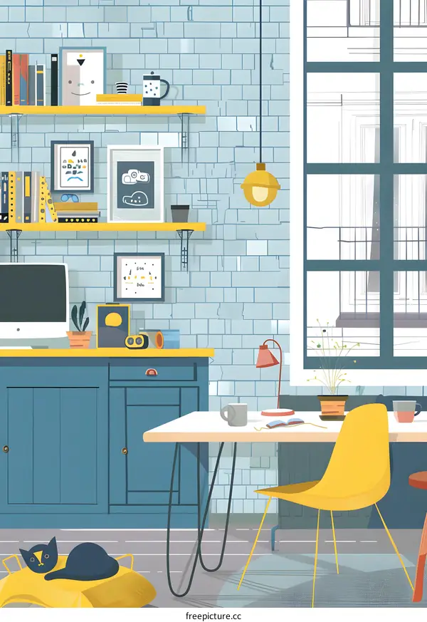 Modern Home Interior Design with Yellow Chair and Cat