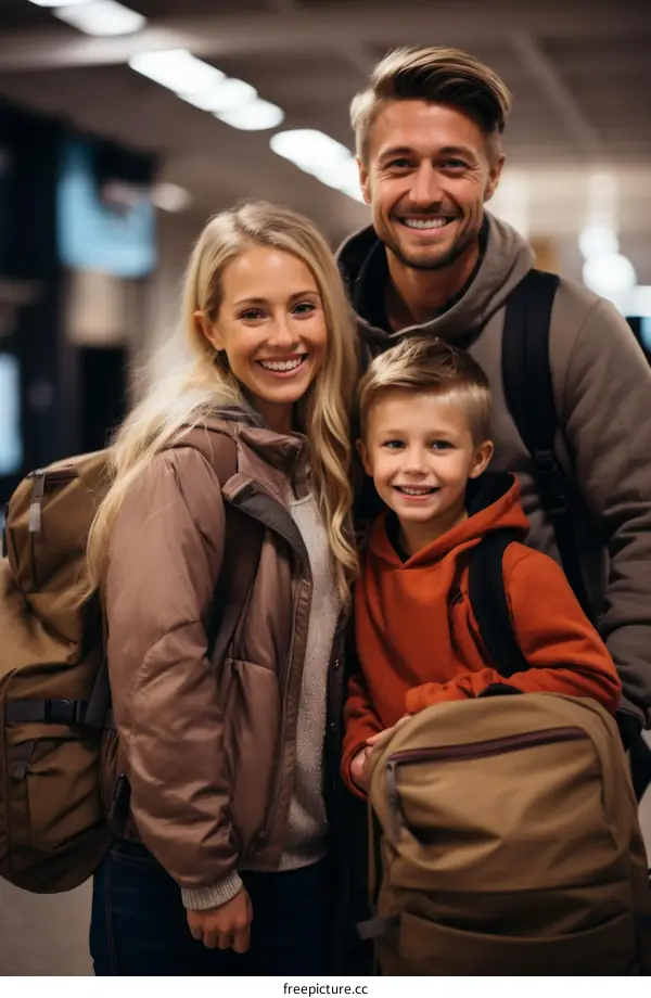 Happy family of three at the airport ready to travel