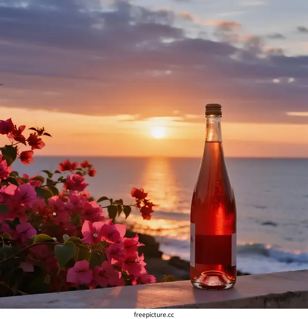 Beautiful sunset view with rose wine bottle and blooming flowers by the sea