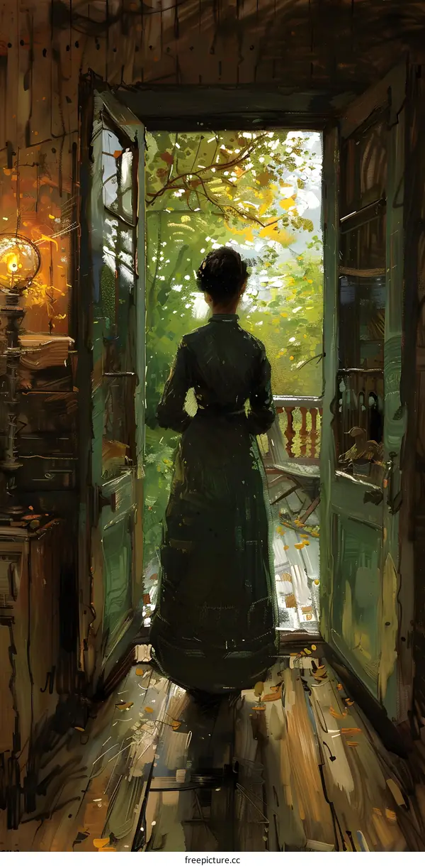 A woman standing in a doorway looking out at a garden