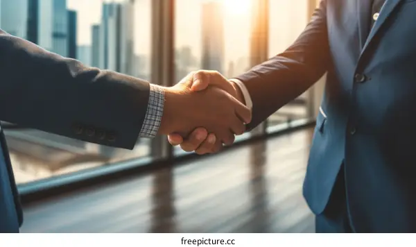 Businessmen of different ethnicities shaking hands in an office