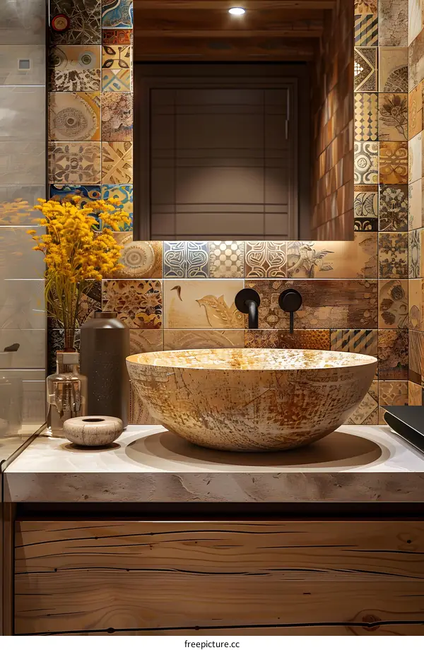 Bathroom sink made of stone with yellow flowers in a vase on the counter