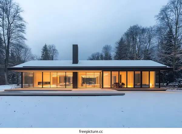Modern Glass House in Winter Forest