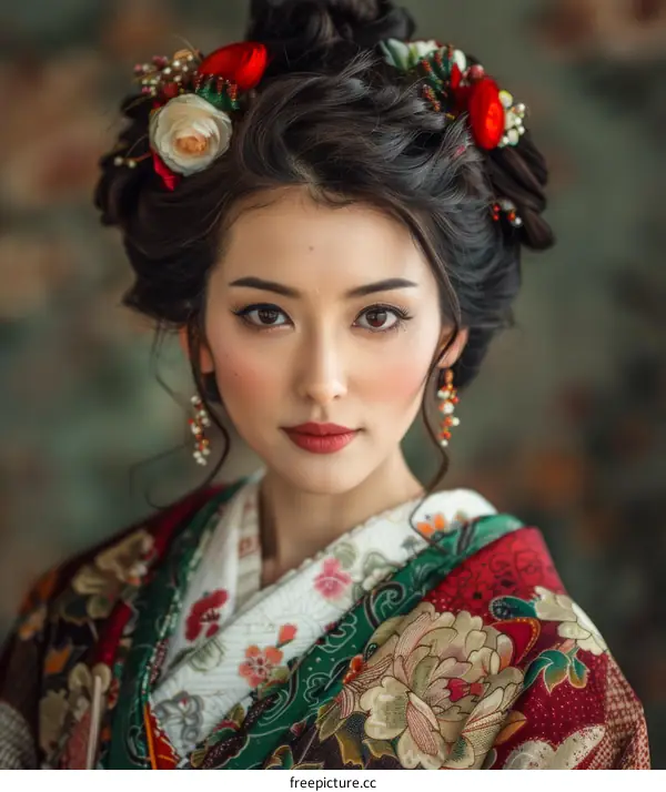 Portrait of a beautiful Asian woman in traditional Japanese clothing