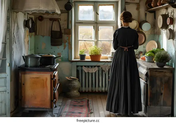 A woman standing in a kitchen looking out the window