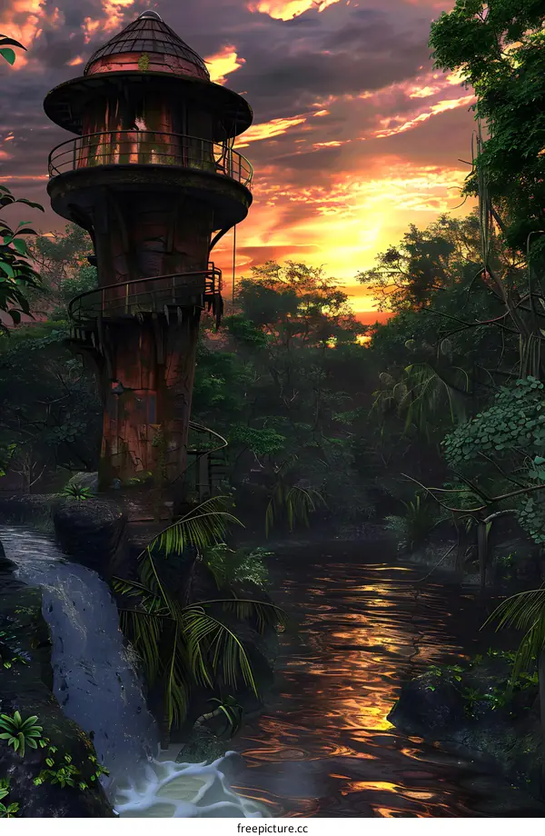 Sunset Over A Jungle With A Tower
