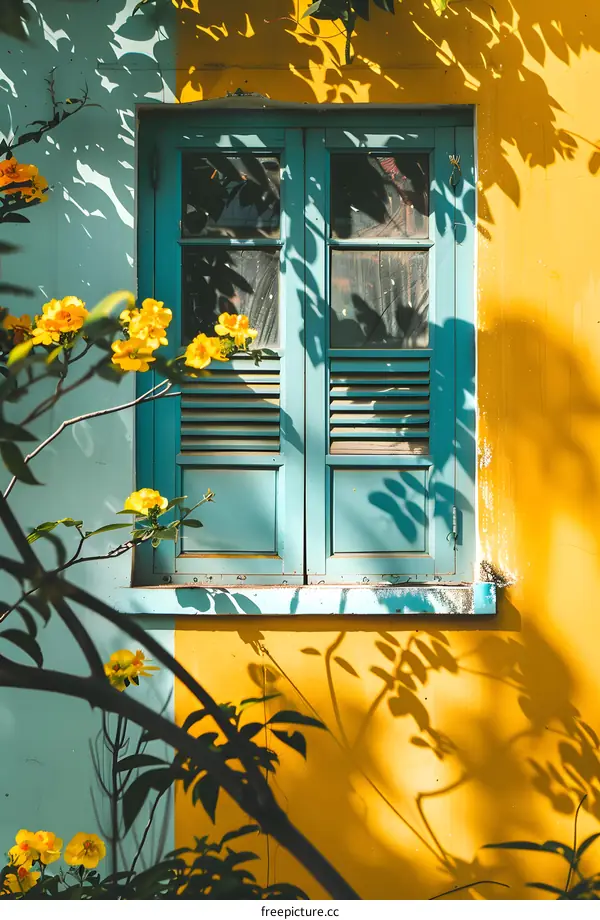 Yellow Flowers And Blue Window With Sunlight