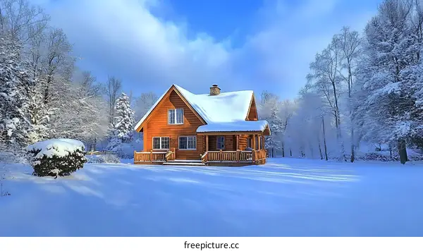 Snowy Winter Scene with Cozy Log Cabin