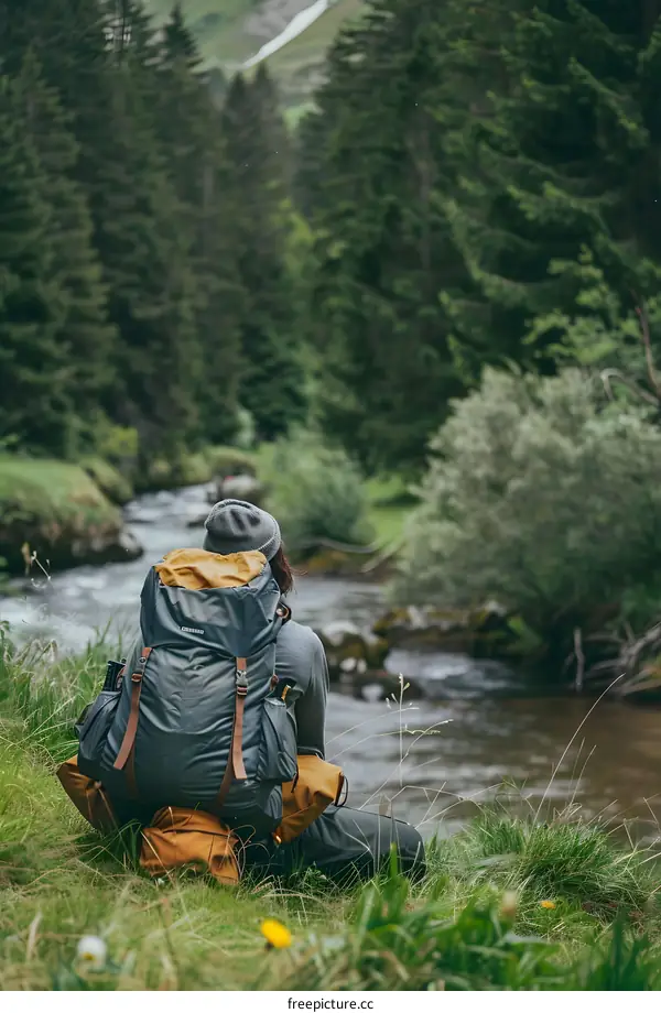 Backpacker Sitting By A River In Forest