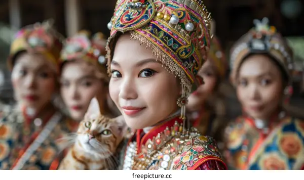 Portrait of a young woman in traditional Chinese clothing with a cat on her shoulder