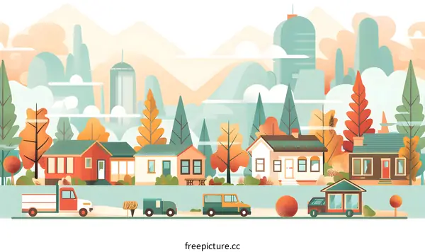 Autumn Landscape with Suburban Houses and Trucks