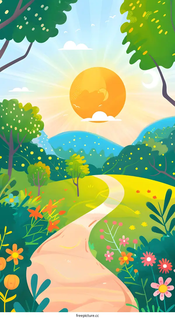 Sun Shining on a Winding Road Through Green Fields