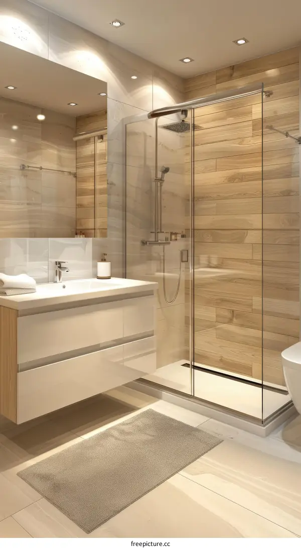 Bathroom interior with wooden wall tiles and glass shower enclosure
