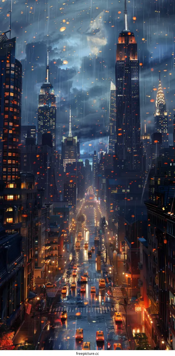 Rainy Night Cityscape Illustration