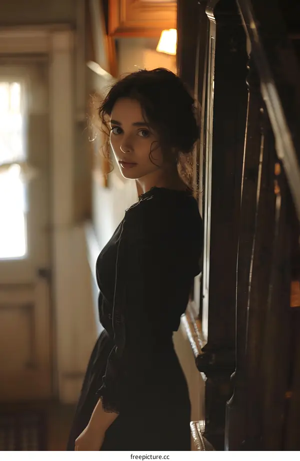 Portrait of a Woman in a Black Dress Standing on the Stairs