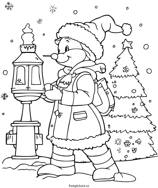 Cute Animal Character in Winter Setting with Christmas Tree and Street Light