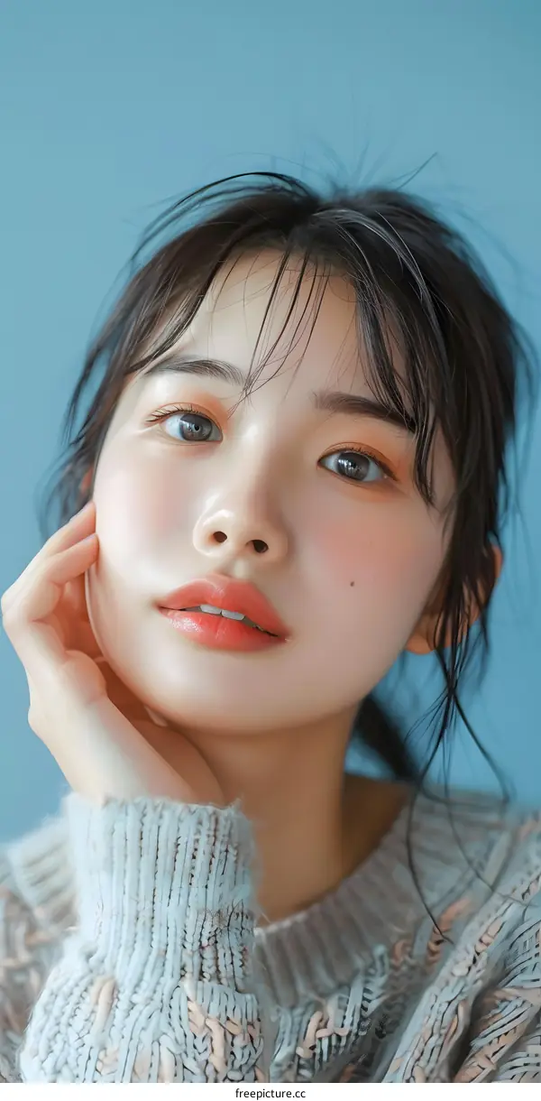 Portrait of a Young Woman with Soft Makeup and a Knitted Sweater