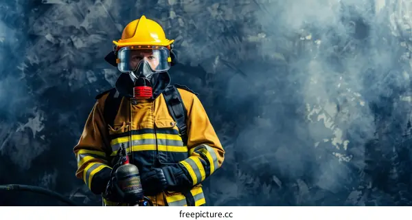 Firefighter in protective gear with oxygen tank and smoke in the background