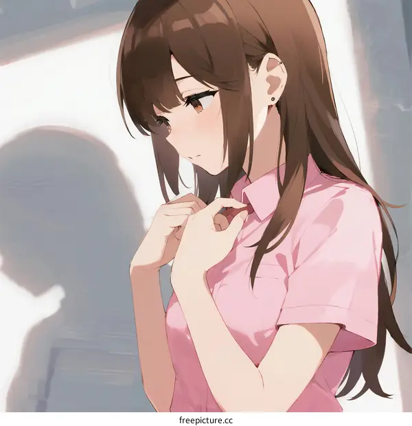 A young woman with long brown hair in a pink shirt