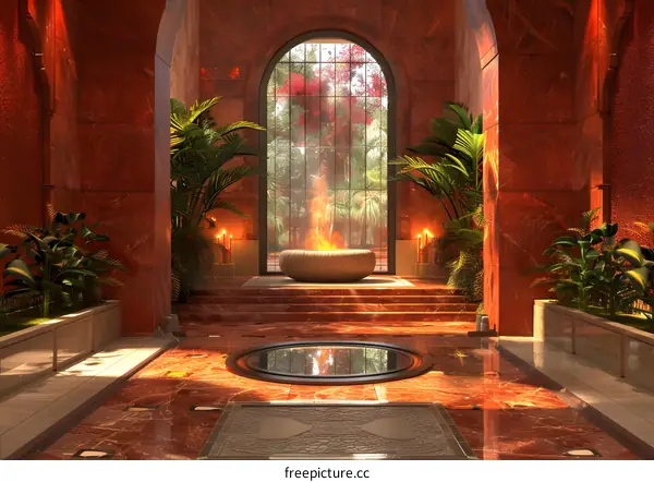 red room with fountain and plants