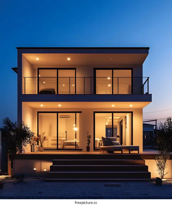 Modern Two Story House with Large Windows and Balcony
